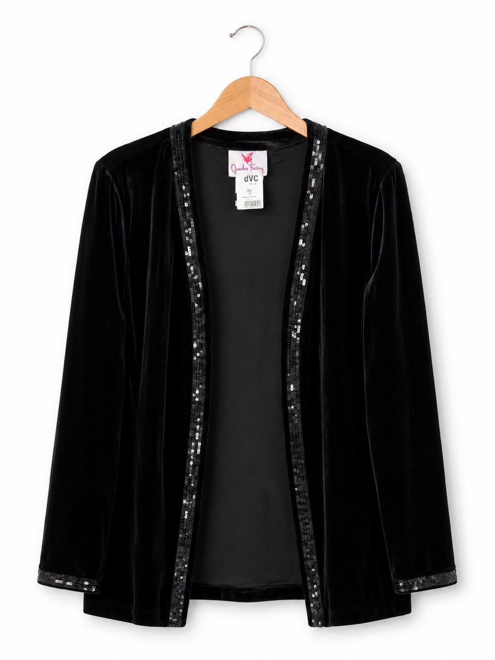 Quacker Factory Black Velvet Sequin Trim Open Front Jacket NWT Medium Holiday
